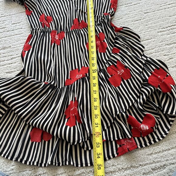 Madewell Black White Red Striped Floral Candied Orchids Wrap Ruffle Dress Size 2 - Picture 10 of 12